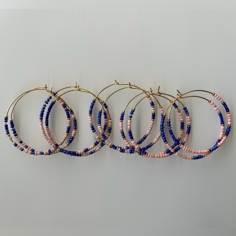 Seed Bead Hoop Earrings - Pink/Deep Blue/Gold Metallic